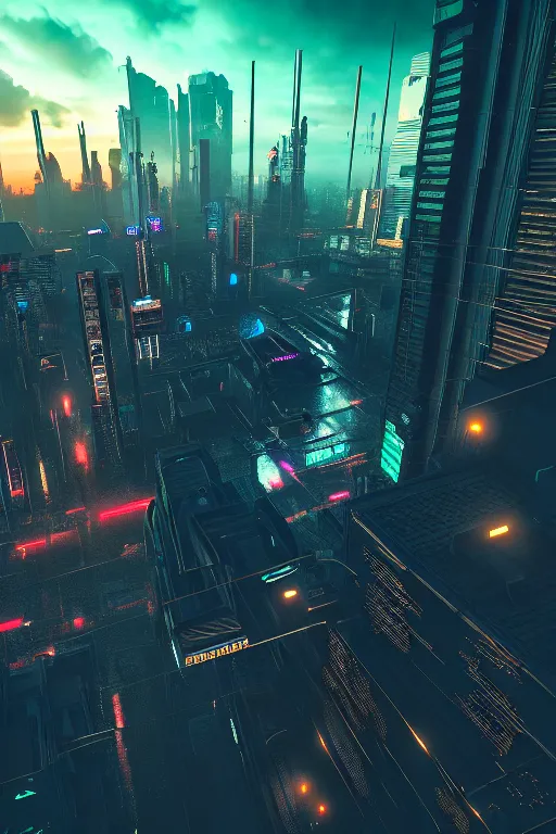 Image similar to cyberpunk city from ground pov, photo realistic, highly detailed, rendered in octane, artstation, 35mm, atmospheric, cinematic lighting, dramatic dusk sky