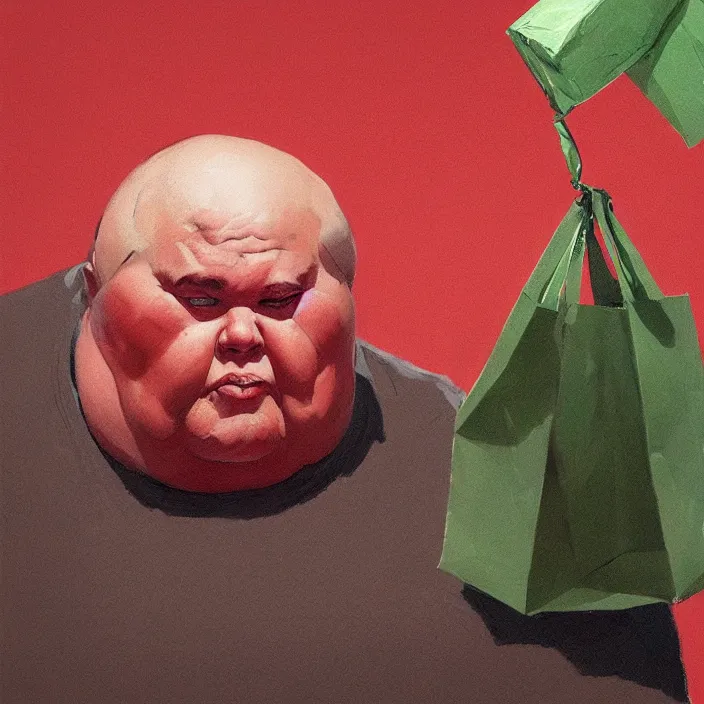 Image similar to melting old fat man portrait with a white paper bag over the head, dressed in red paper bags, holding stack of green paper bags, highly detailed, artstation, art by ian mcque, ilya kuvshinov, zdislav beksinski, wayne barlowe, edward hopper