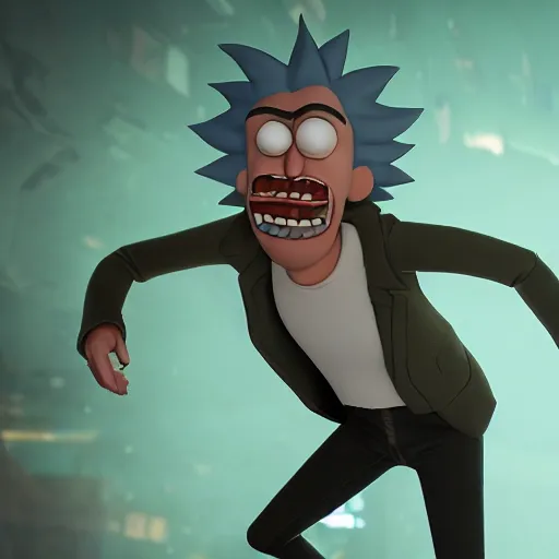 Image similar to full body pose, hyperrealistic photograph of rick sanchez from rick and morty, dim volumetric lighting, 8 k, octane beautifully detailed render, extremely hyper detailed, intricate, epic composition, cinematic lighting, masterpiece, trending on artstation, very very detailed, stunning, hdr, smooth, sharp focus, high resolution, award, winning photo, dslr, 5 0 mm