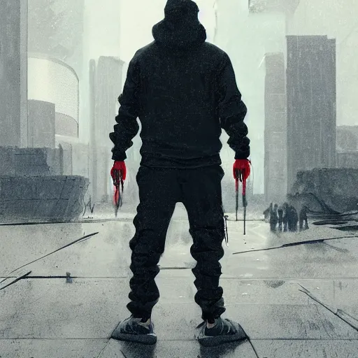 Image similar to A broad shouldered, large man in a techwear outfit, Acronym P31-ds pants, high quality, digital art, dire cyberpunk city, gray sky, neon signs in background, greg rutkowski