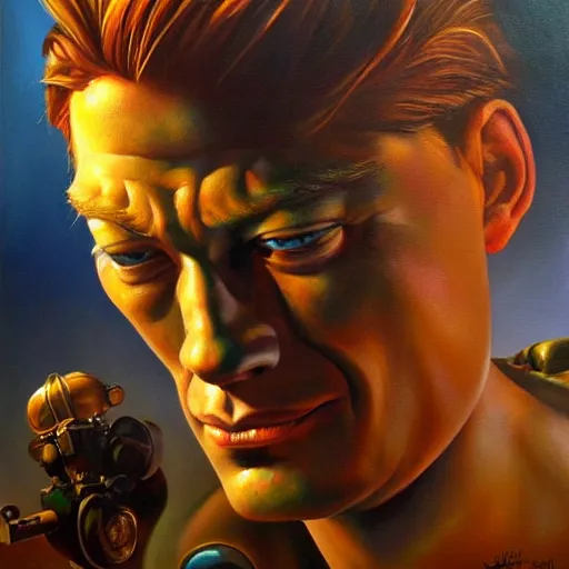 Prompt: detailed portrait of fry futurama intricate, hyper detailed, realistic, oil painting, by julie bell, frank frazetta, cinematic lighting