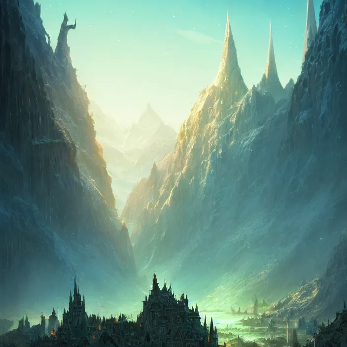 Prompt: Authentic illustrations of Cities in Middle-earth in Lord of the Rings,Magnificent super wide angle,high quality, 8k,high resolution, city landscape, side scrolling, 4K, Retrofuturism,by makoto shinkai,Anton Fadeev, thomas kinkade,greg rutkowski