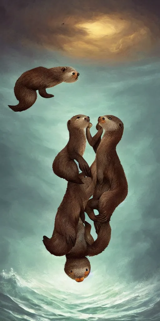 Image similar to family of adorable otters falling in love holding hands side by side, all alone in the middle of a scary storm at sea, fantasy illustration, cinematic, award winning, romantic, detailed trending on artstation, masterpiece