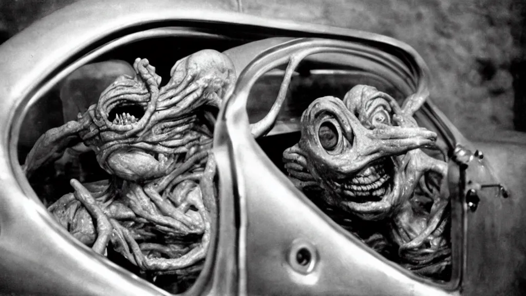 Prompt: the creature sits in a car, made of wax and metal, film still from the movie directed by David Cronenberg with art direction by Salvador Dalí, wide lens