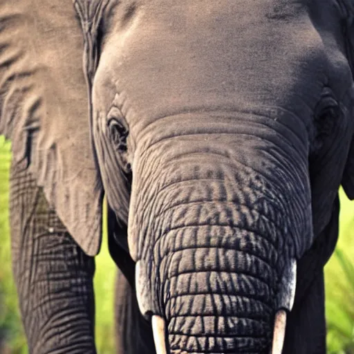 Image similar to a detailed, close - up photograph of an elephant with tiger skin