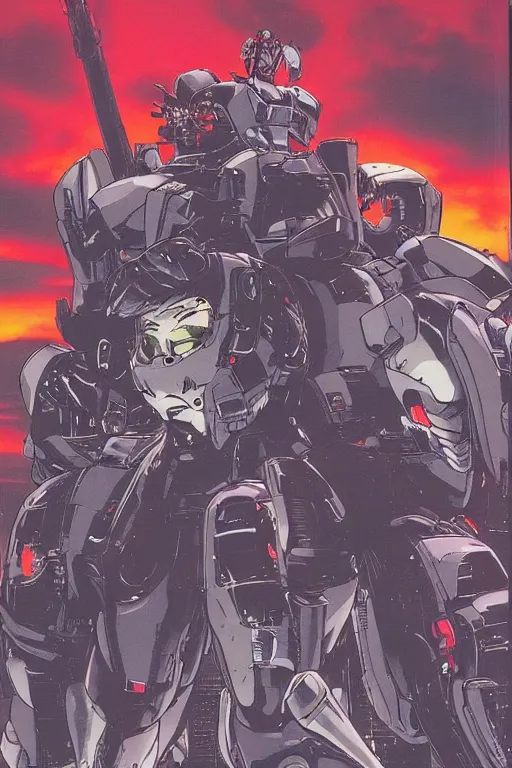 Image similar to boomers from bubblegum crisis at dusk, a color illustration by tsutomu nihei, katsuhiro otomo, masamune shirow