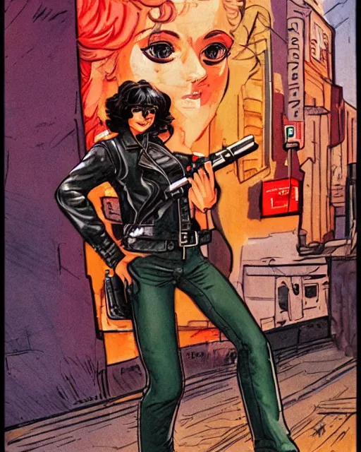 Image similar to young female protagonist in leather jacket with gun, city street, artwork by ralph bakshi