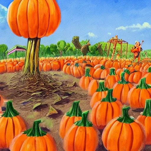 Image similar to pumpkin patch, concept art, illustrated, highly detailed, high quality, bright colors, optimistic,