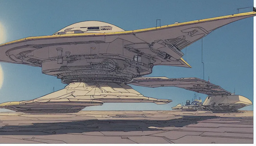 Image similar to flat color illustration of futuristic spacecraft by moebius and sparth,