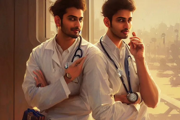 Image similar to Optimistic good looking pale young Indian doctors wearing jeans at the airport, portrait, elegant, intricate, digital painting, artstation, concept art, smooth, sharp focus, illustration, art by artgerm and greg rutkowski and alphonse mucha