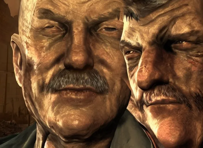 Prompt: Close up screenshot of Janusz Korwin-Mikke centered on his face in the game Fallout: New Vegas (2010), screenshot from Fallout: New Vegas (2010)