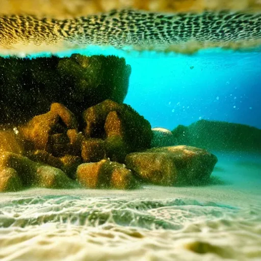 Prompt: professional underwater beach photo similar to level of donkey kong country, by discovery magazine, micro sand waves, real life, photorealistic, soft focus, long exposure