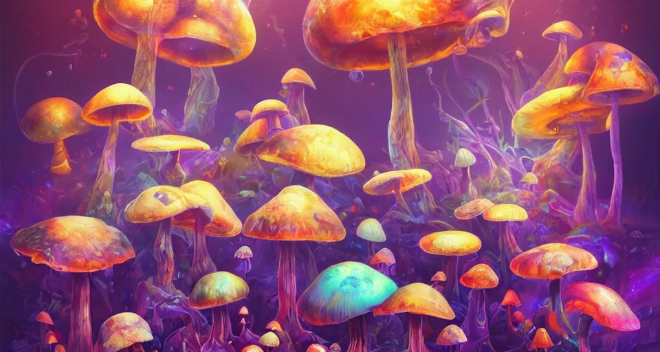 Image similar to a beautiful painting of trippy mushrooms by Tokio Aoyama, Mario Martinez, David Normal. photorealistic, trending on artstation, dramatic lighting, 8K, fantasy beautiful, surreal, cinematic.