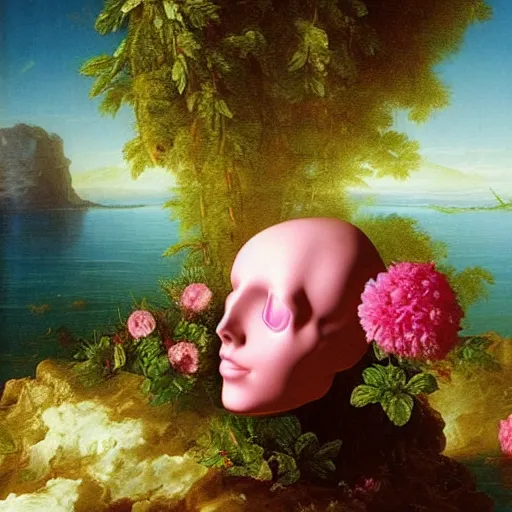 Image similar to a surreal vaporwave painting by Thomas Cole of an old pink mannequin head with flowers growing out, sinking underwater, highly detailed