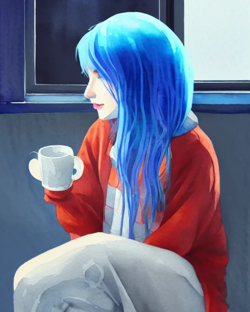Image similar to watercolor painting of a pretty girl with Blue hair, wearing an oversized sweater, sitting by a windowsill, night, holding a mug of hot tea. In the style of ilya kuvshinov, dramatic lighting, fantasy, intricate, elegant, highly detailed, lifelike, photorealistic, digital painting, bokeh, HDR, high resolution, artstation, concept art, smooth, sharp focus, art by Krenz Cushart and Albert Aublet