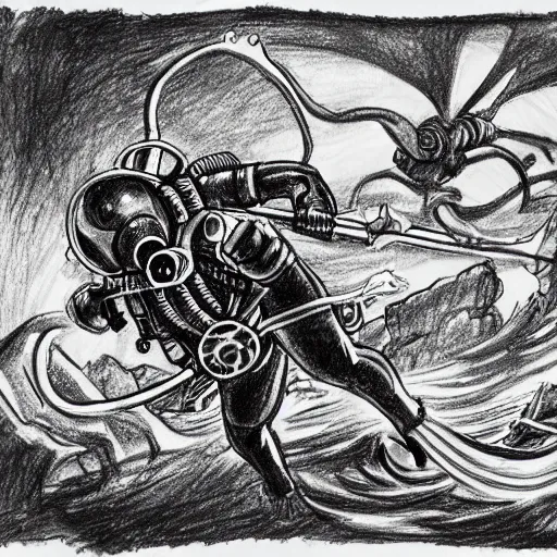 Image similar to old drawing of a scuba diver fighting against a kraken underwater, under water scenery, dramatic lighting, intense, epic, drawing, sketchbook