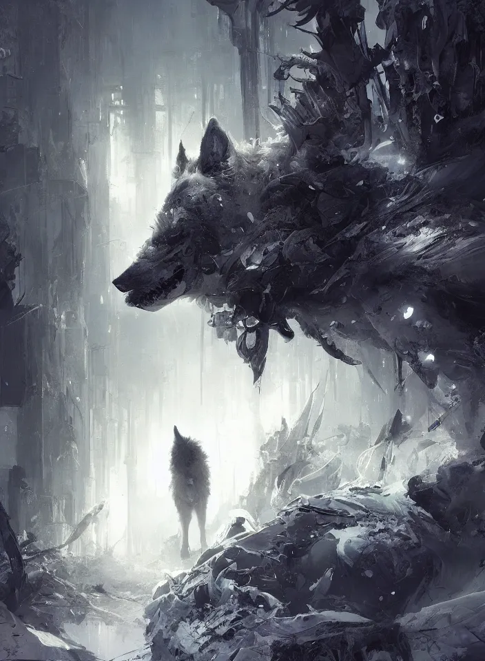 Prompt: a lone wolf stares at us in a nightmare landscape, autumn, white fur, sad, emotive, dramatic lighting, high detail, cinematic, beautiful painting by wadim kashin, ruan jia, android jones, jakub rebelka