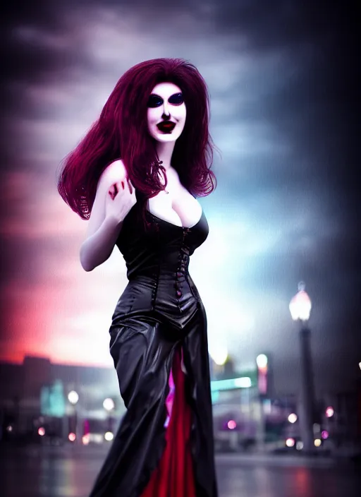 Prompt: realistic matte painting, full length portrait, the vampire duchess of blood owns the las vegas strip, night, fangs, highly detailed, CGsociety, concept art, HDR, hyper realistic, volumetric lighting, subsurface scattering, unreal,