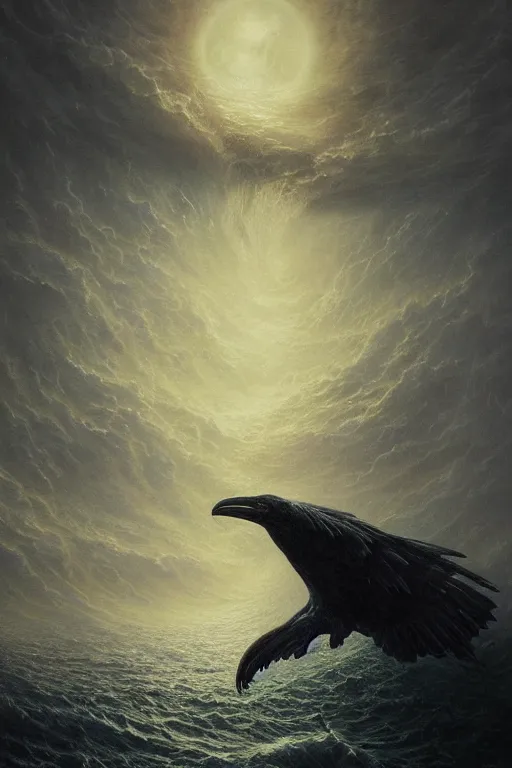 Image similar to Intricate stunning highly detailed water deity emerging from a stormy ocean by agostino arrivabene, Greg Rutkowski , surreal, digital painting, ultra realistic, Horror vacui, beautiful lighting, full moon, ravens, thick black swirling smoke tornado, burning fire embers, artstation