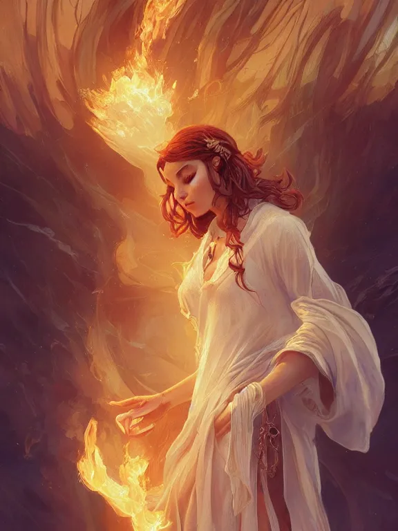 Image similar to young summoner with a fire elemental, fantasy, man, thick robes, intricate, elegant, highly detailed, digital painting, artstation, concept art, wallpaper, smooth, sharp focus, illustration, art by artgerm and greg rutkowski and alphonse mucha