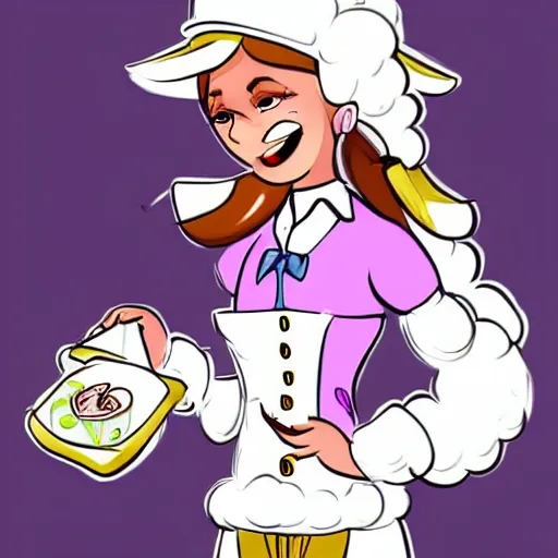 Image similar to beautiful female sheep anthropomorphic working as a waitress, cartoon, digital art, full character, high detail drawing