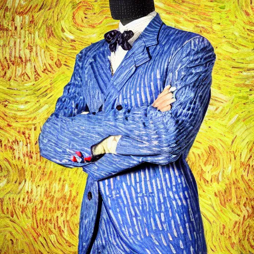 Image similar to a beautiful suit made out of a van gogh painting, on a mannequin. studio lighting, high quality, high resolution