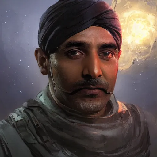 Prompt: a Punjabi space colonists from India, male, light eyes, talented engineer, sarcastic, sci fi character portrait by Greg Rutkowski, Craig Mullins