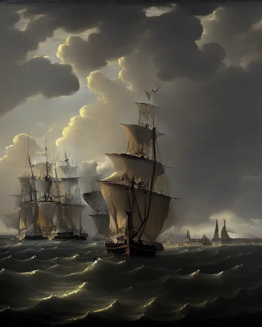 Image similar to an extremely detailed masterpiece of the sailing vessel bonhomme richard with canons discharging in early evening, in the style of louis phillipe crepin, epic scene, extremely moody lighting, glowing light and shadow, atmospheric, shadowy, cinematic, 4 k