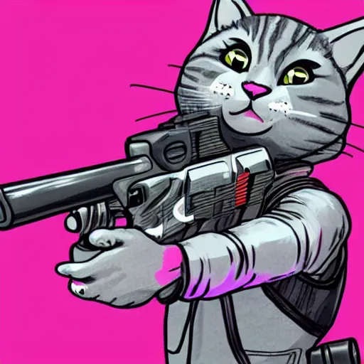 Prompt: cute grey cat shooting pistol, comic style, video game, apex legends, pink background