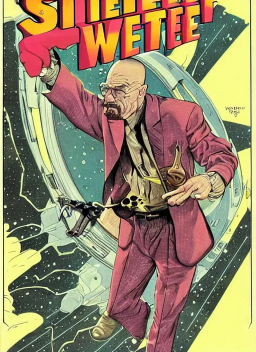 Image similar to Walter White as space wizard in retro science fiction cover by Moebius, vintage 1960 print