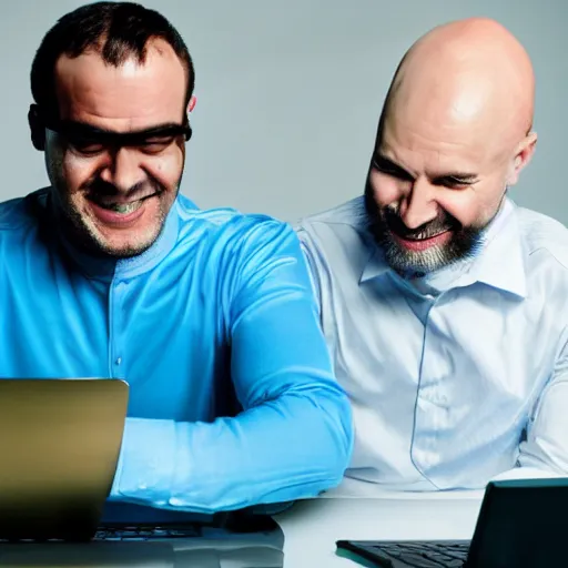 Prompt: Funny Realistic Bald Man is laughing wearing a blue suit and has a pyramidal mustache while hacking into a computer with his golden retriever, neon green glow background, hands fast typing on keyboard, matrix code background