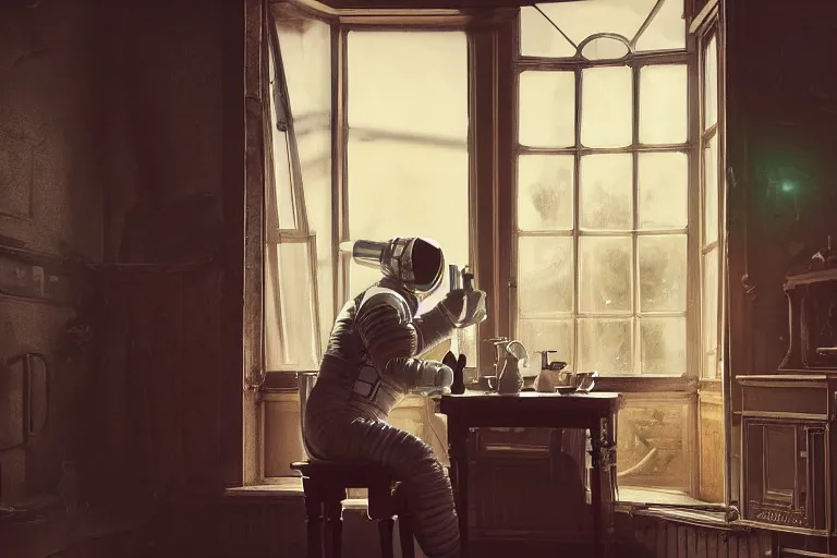 Image similar to a single cosmonaut in a spacesuit drinks a steaming cup of tea at an old wooden desk in a richly decorated Victorian house. the autumn light comes in through a window and dimly illuminates the room, diffuse light, octane render