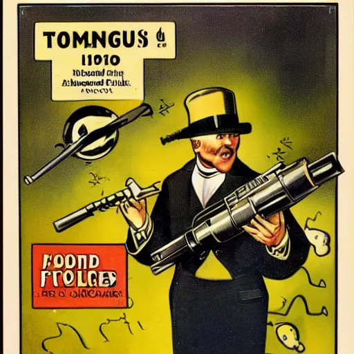 Prompt: a 1 9 2 0's bankrobber firing a tommy gun while floating in space