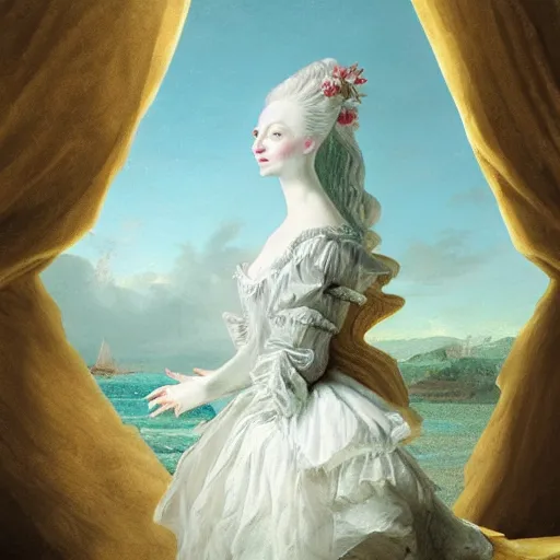 Image similar to portrait, Marie Antoinette levitating over the sea. high detail, great lighting, 8k resolution, masterpiece, concept art, illustration