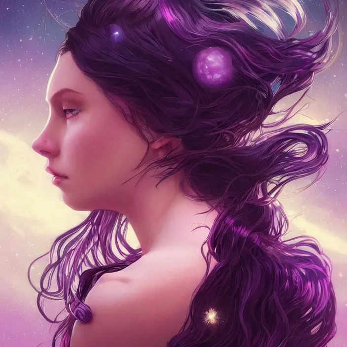 Prompt: beautiful, haunting young woman, detailed gorgeous face, flowing hair, vaporwave aesthetic, synthwave, space and planets in her hair with shooting star and milkyway, psychedelic, digital painting, artstation, concept art, smooth, sharp focus, illustration, art by artgerm and greg rutkowski and alphonse mucha