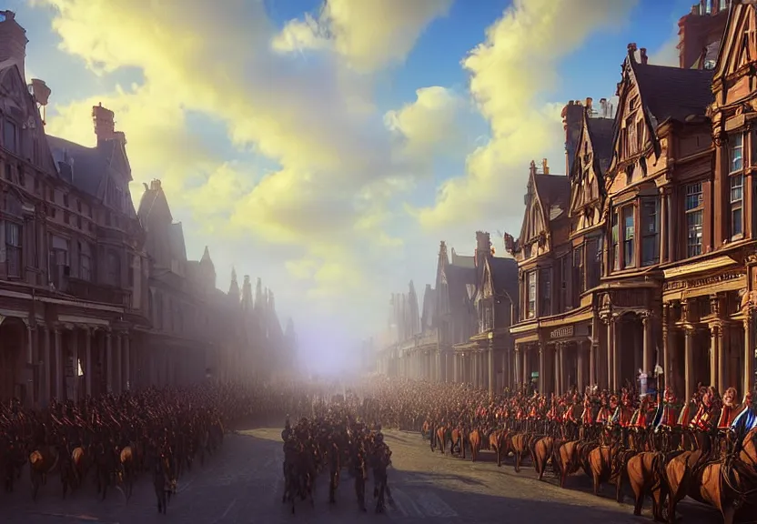 Prompt: a victorian army parade down a town street, blue sky, sunny, detailed, volumetric, cinematic lighting, realistic, digital art by greg rukowski