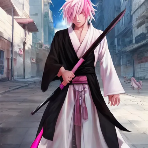 Prompt: short white hair with pink highlights parted down the middle, white hakama wearing, black sclera white pupil, anime man, full body shot, portrait made by Stanley Artgerm, WLOP, Rossdraws, James Jean Andrei Riabovitchev, Marc Simonetti, Yoshitaka Amano, Artstation