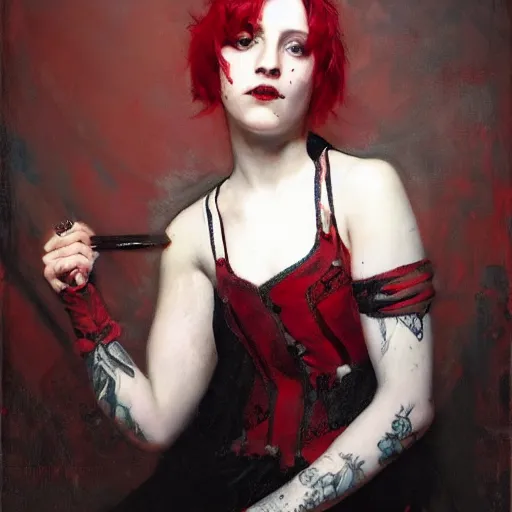 Image similar to Solomon Joseph Solomon and Richard Schmid and Jeremy Lipking victorian genre painting portrait painting of a young beautiful woman punk rock goth with punk rock haircut in fantasy costume, red background