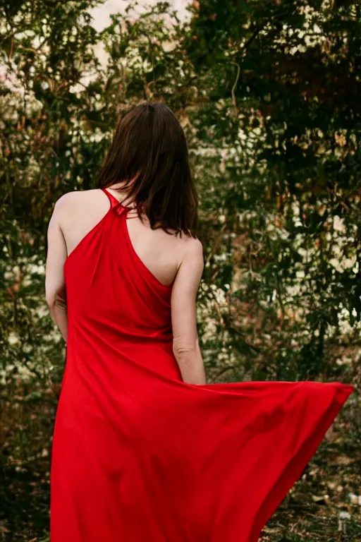 Image similar to woman in a red sleeveless dress, out of focus