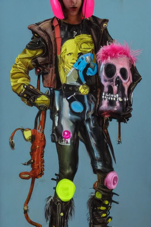 Prompt: a male character wearing a diy! costume,, punk, with fluo colored details and a transparent helmet, full body, muted colors, vivienne westwood, nausicaa, hyper real painting