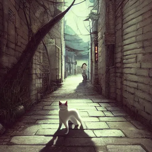 Prompt: a slender white cat walking down an alleyway, detailed face, adventure, nightfall. Quiet, serene, calm night. Over shoulder shot, cat is the focus. Digital illustration, very vibrant colors, soft lighting, atmospheric lighting, 8K, octane render. By Makoto Shinkai, Stanley Artgerm Lau, WLOP, Rossdraws, warrior cats fan art, James Jean, Andrei Riabovitchev, Marc Simonetti, krenz cushart, Sakimichan, D&D trending on ArtStation, digital art.