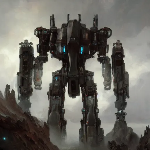 Image similar to a full length portrait of a giant autonomous polished steel battle mecha, a moody sci - fi painting by grosnez and juan pablo roldan, trending on artstation, highly detailed matte painting