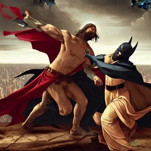 Prompt: jesus fighting batman renaissance art by greg rutkowski and james gurney action cinematic wallpaper hyperrealistic atmospheric