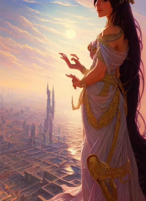 Image similar to an arabian princess looking over her city, shiny, fantasy, intricate, elegant, hyper detailed, ultra definition, photoreal, artstation, unreal engine rendered, concept art, smooth, sharp focus, illustration, art by artgerm and greg rutkowski and alphonse mucha and garis edelweiss