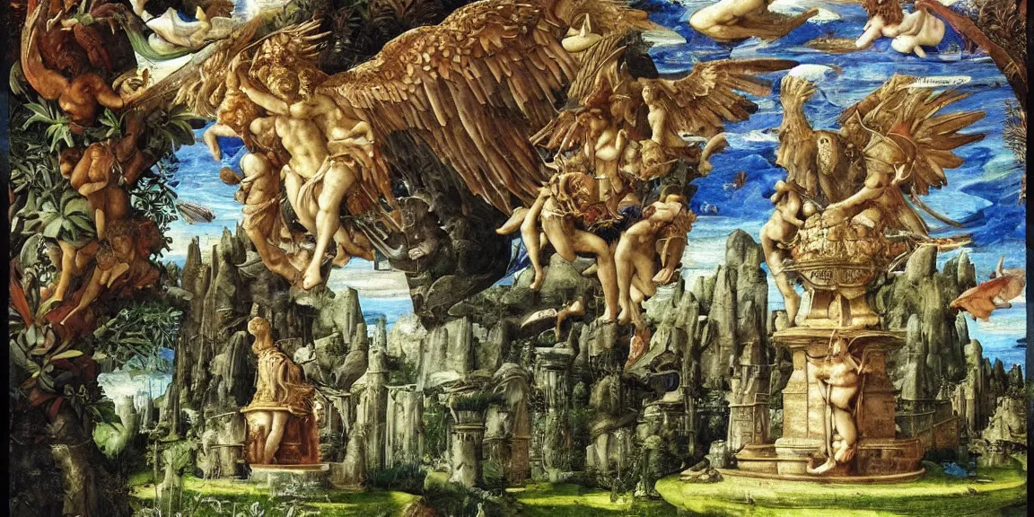 Prompt: a fountain in the garden of a medieval castle, ethereal angels descending from heaven, epic, lush, fantasy art, renaissance art, neorenaissance, classical art, by andrea mantegna by patrick woodroffe, by by albrecht altdorfer, by by paul lehr