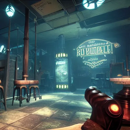 Prompt: In the world of rapture from the world of bioshock you are in a bar, there is a window that lets you see the whole city underwater and you are drinking a rum and coke