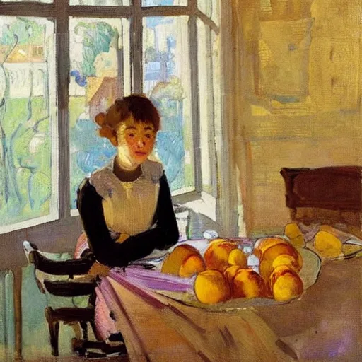 Prompt: a girl with iphones on a table sits at a table in a sunny room, the window is open, girl with peaches and iphones, by valentin serov