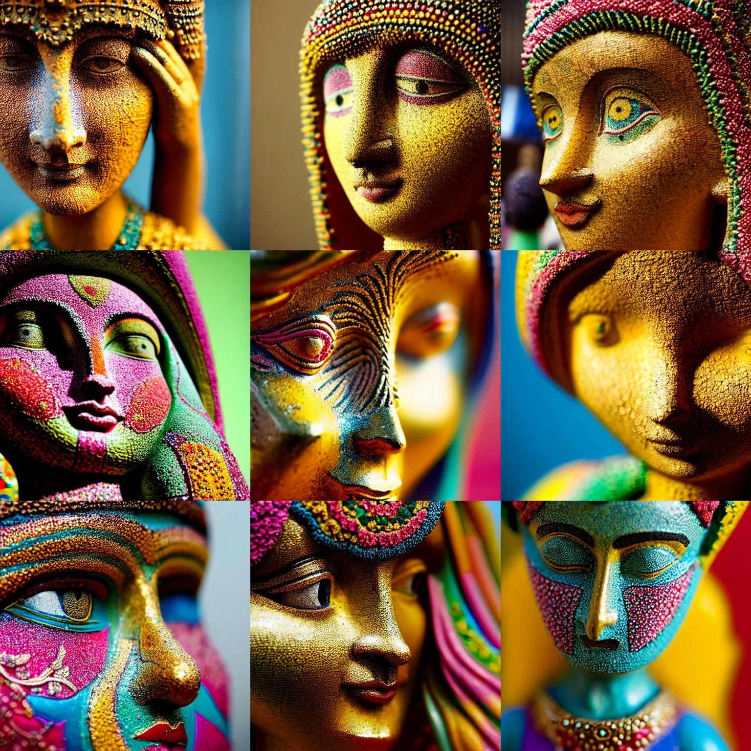 Prompt: close up shot of an accurate carpeted statue of a Persian girl, colourful, lots of detail, depth of field, intricate, delicate, by Jonas Jensen, Magnum photos