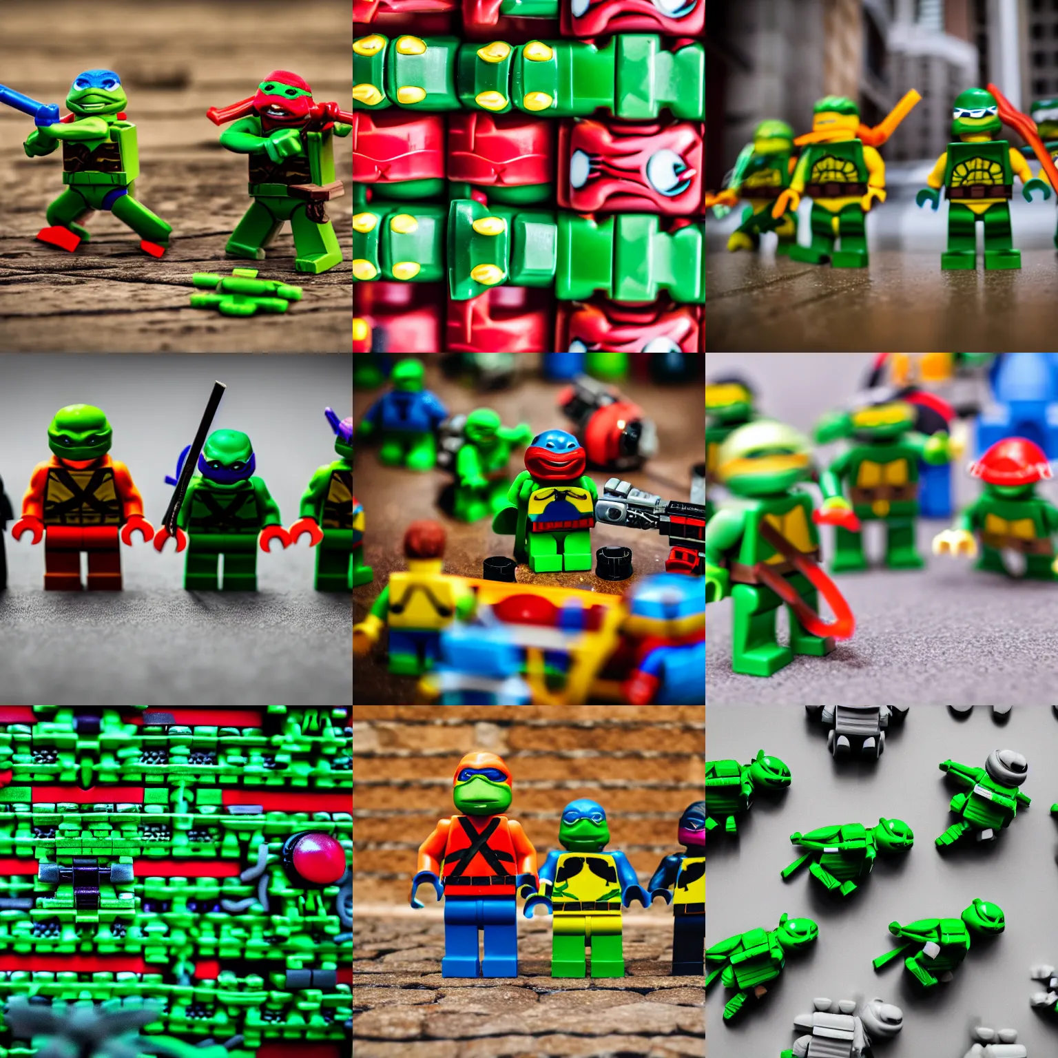 Prompt: Macro Photograph of Teenage Mutant Ninja Turtles Legos