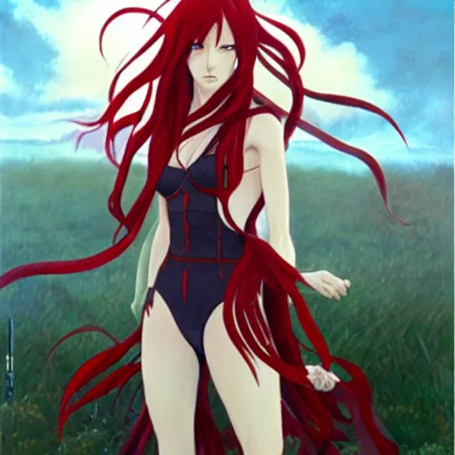 Image similar to Japanese animation of Erza Scarlet, half body portrait, long flowing red hair, standing in a fantasy environment, realistic oil painting by Thomas Cole and Wayne Barlowe.